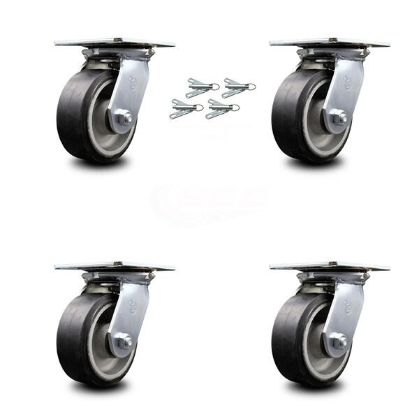 5 Inch Rubber on Aluminum Caster Set with Roller Bearings and Swivel Locks SCC